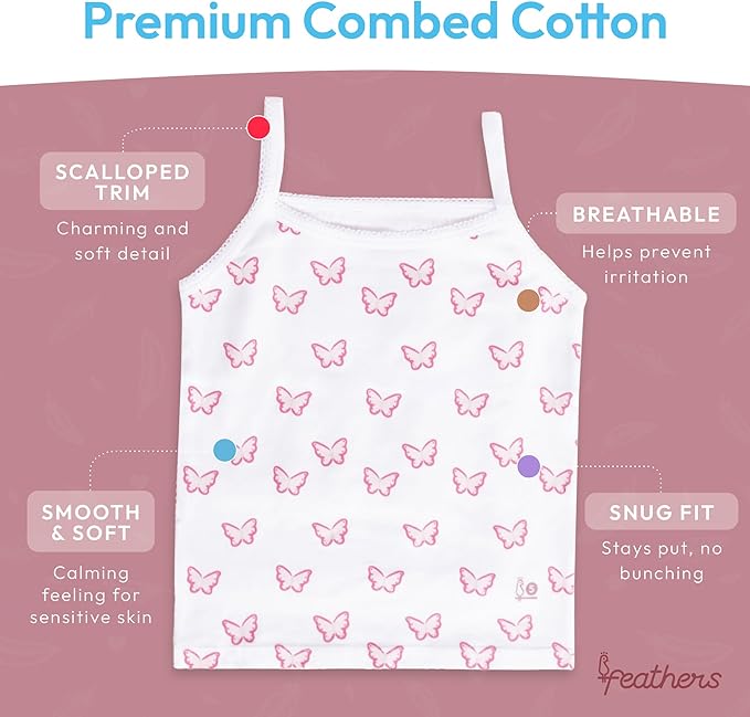 Feathers Butterfly + Stripe Super Soft Girls Undershirts Tagless Camisoles – Cotton Cami Girls Tank Tops (3 Pack)