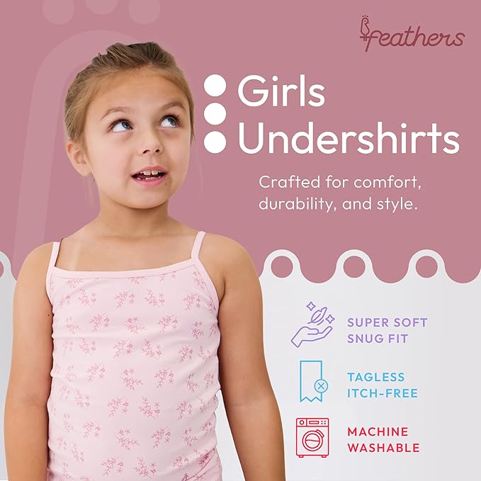 Feathers Leafy Style Super Soft Girls Undershirts Tagless Camisoles – Cotton Cami Girls Tank Tops (5 Pack)