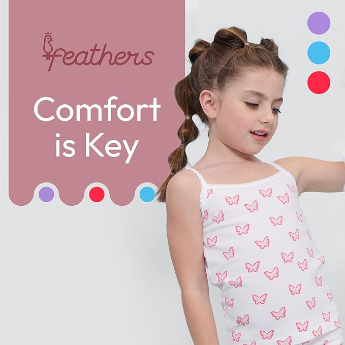 Feathers Butterfly + Stripe Super Soft Girls Undershirts Tagless Camisoles – Cotton Cami Girls Tank Tops (3 Pack)