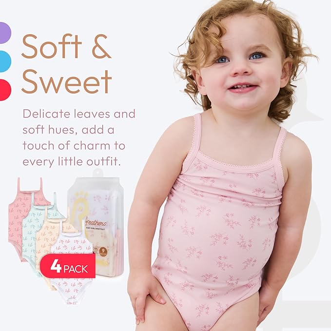 Feathers Leafy Style Tank Top Bodysuits Baby Girl Undershirts – Super Soft One-Piece for Toddler (4 Pack)