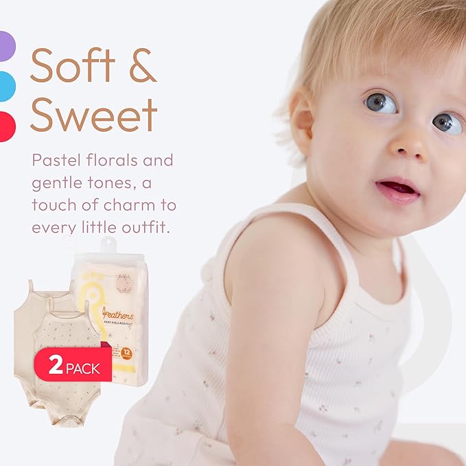 Feathers Super Soft Cotton Tank Top Baby Girl Undershirts – One-Piece Toddler Bodysuit (2 Pack)