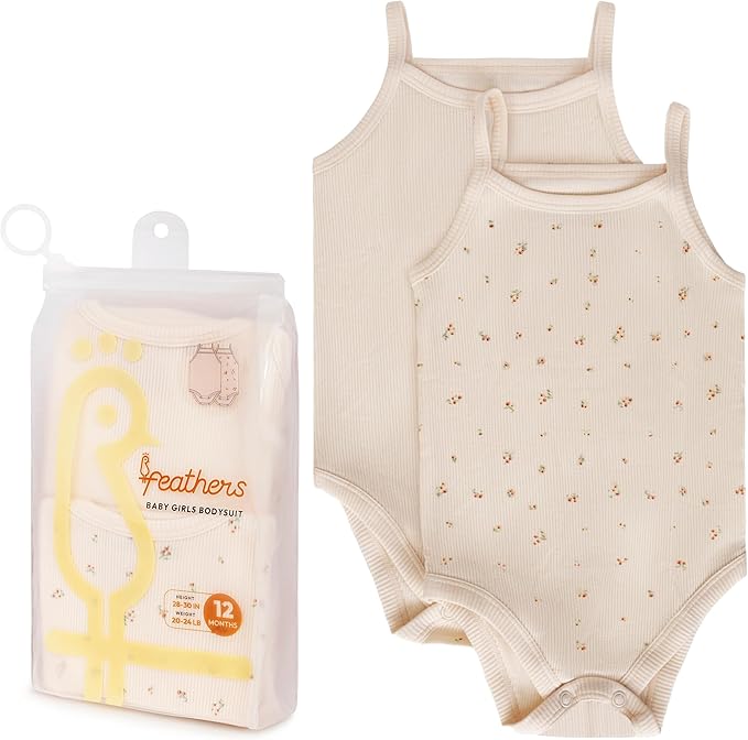Feathers Super Soft Cotton Tank Top Baby Girl Undershirts – One-Piece Toddler Bodysuit (2 Pack)