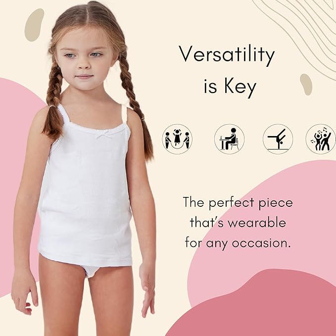 Feathers Girls Solid White Snug Fit Tagless Cami Vest - 100% Cotton Super Soft Undershirts (3/Pack)