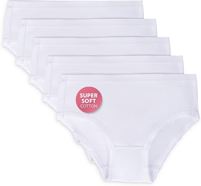 Feathers Solid White Snug Tagless Super Soft Cotton Underwear - Girls Underwear Briefs Panties 5-Pack (White)