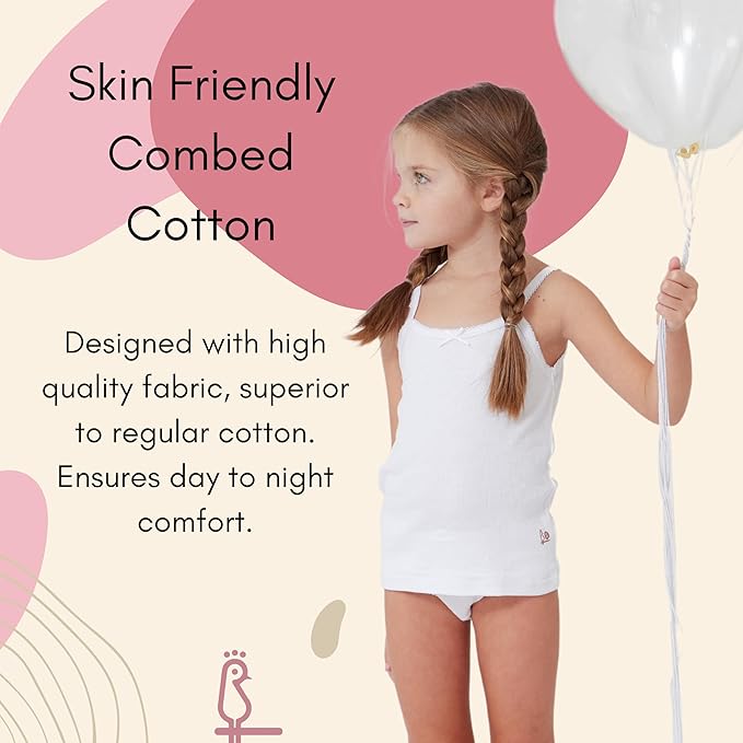 Feathers Girls Solid White Snug Fit Tagless Cami Vest - 100% Cotton Super Soft Undershirts (3/Pack)
