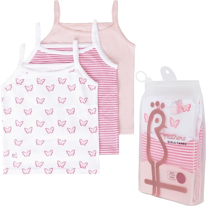 Feathers Butterfly + Stripe Super Soft Girls Undershirts Tagless Camisoles – Cotton Cami Girls Tank Tops (3 Pack)
