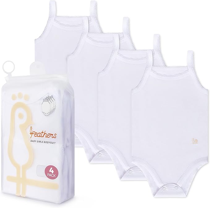 Feathers Tank Top Baby Girl Undershirts - Super Soft Cotton One-Piece Toddler Bodysuit (4 Pack) (White)