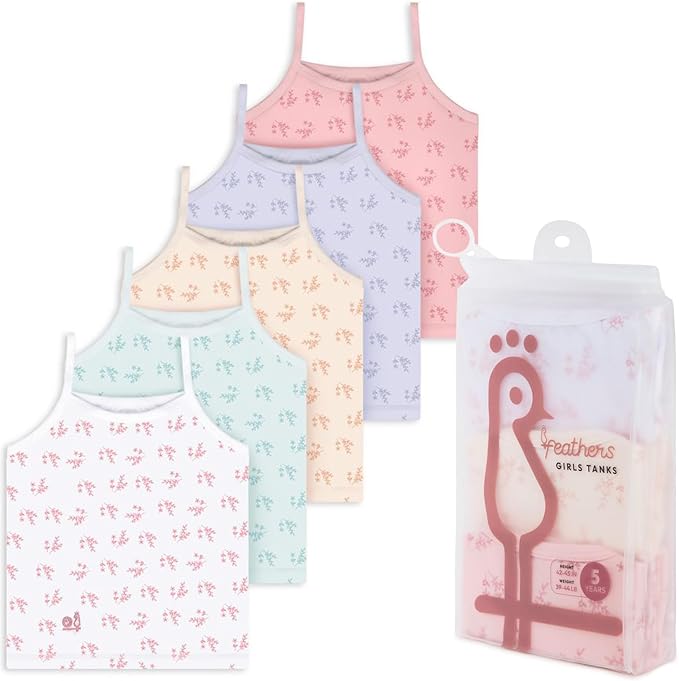 Feathers Leafy Style Super Soft Girls Undershirts Tagless Camisoles – Cotton Cami Girls Tank Tops (5 Pack)