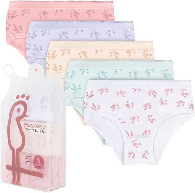 Feathers Leafy Print Snug Tagless Cotton Underwear – Girls Underwear Briefs Super Soft Panties (5 Pack)