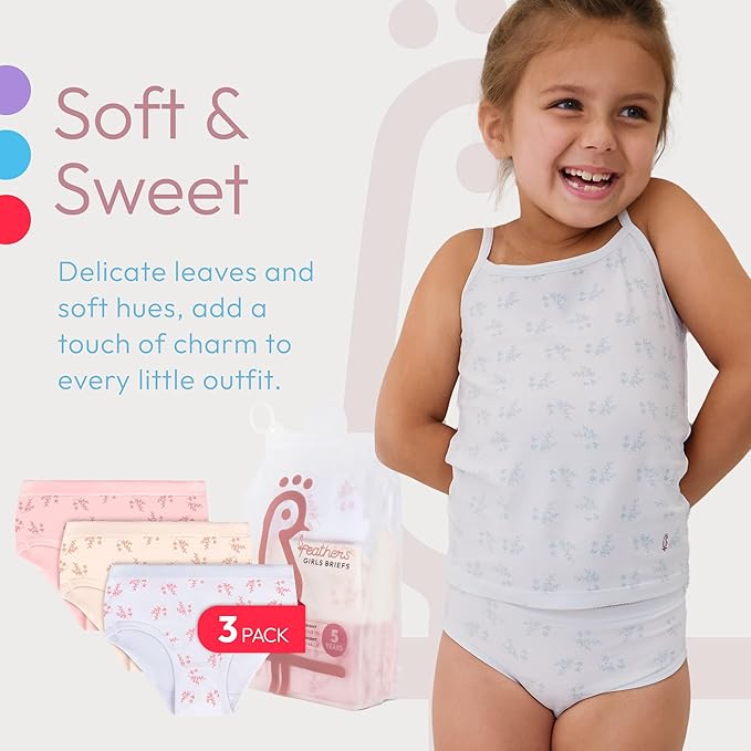 Feathers Leafy Print Snug Tagless Cotton Underwear – Girls Underwear Briefs Super Soft Panties (3 Pack)