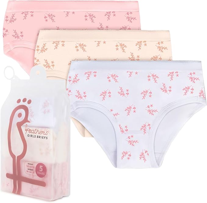 Feathers Leafy Print Snug Tagless Cotton Underwear – Girls Underwear Briefs Super Soft Panties (3 Pack)