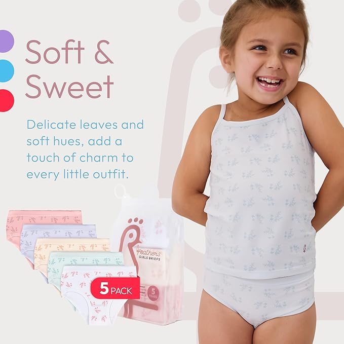 Feathers Leafy Print Snug Tagless Cotton Underwear – Girls Underwear Briefs Super Soft Panties (5 Pack)