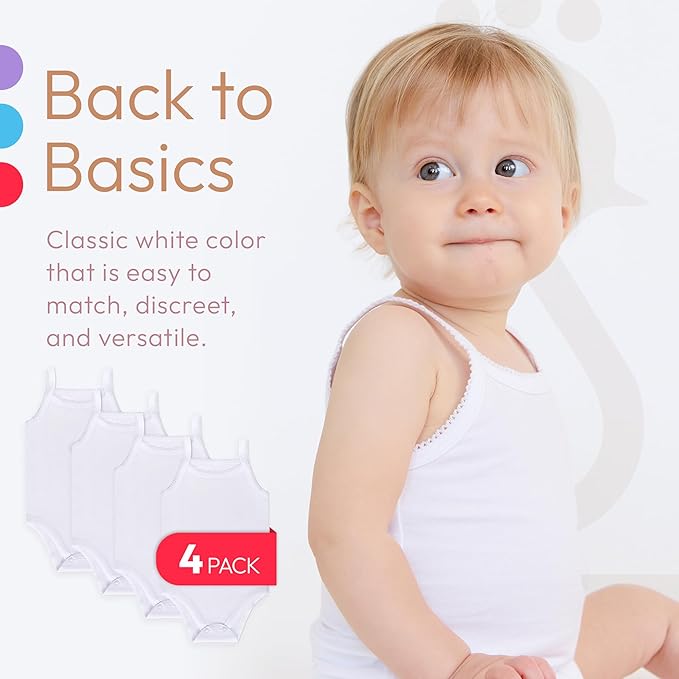 Feathers Tank Top Baby Girl Undershirts - Super Soft Cotton One-Piece Toddler Bodysuit (4 Pack) (White)