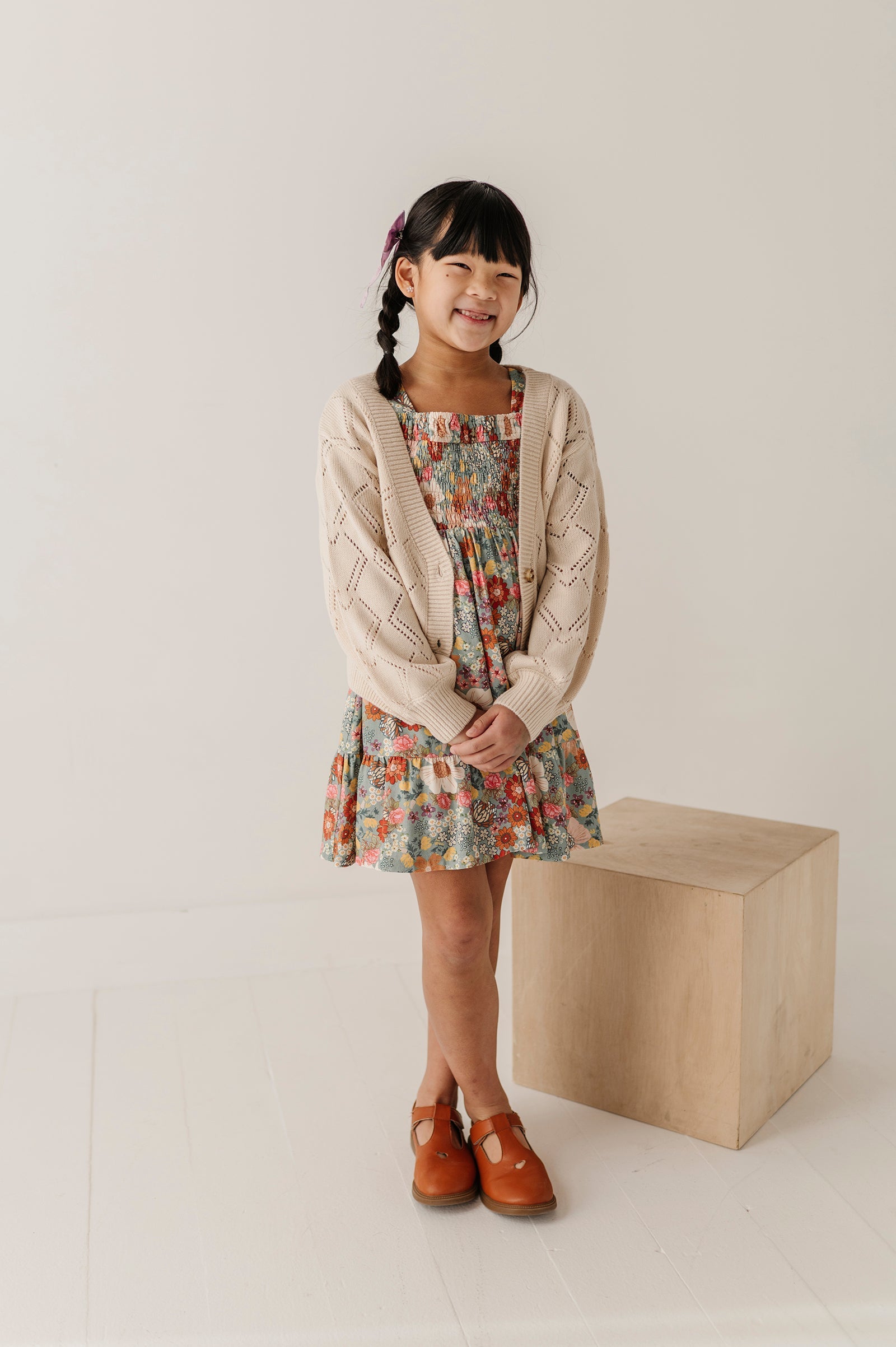 Girls Textured Sweater Cardigan in Textured Cream