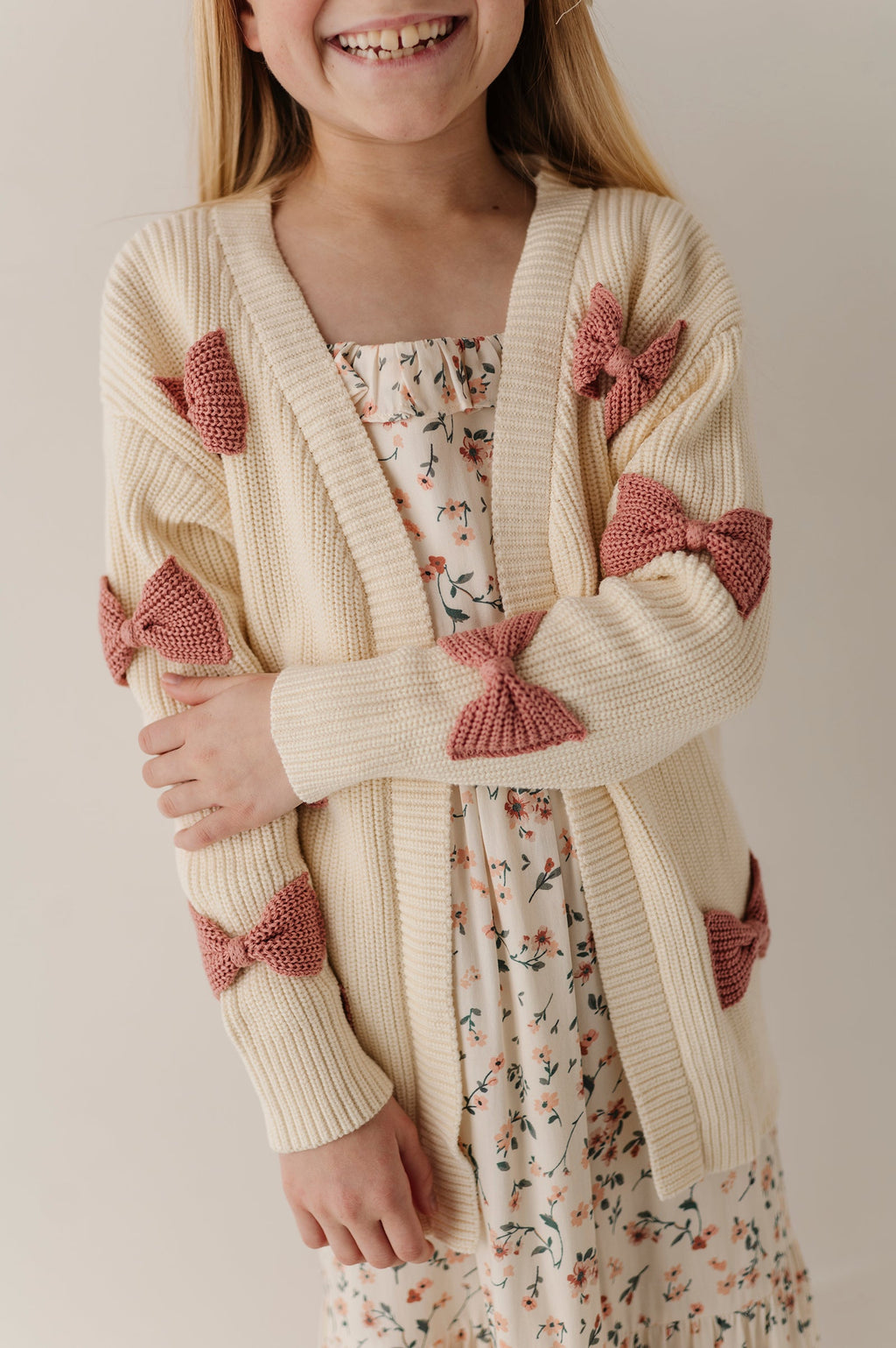 Girls Bow Cardigan in Wild Rosewood