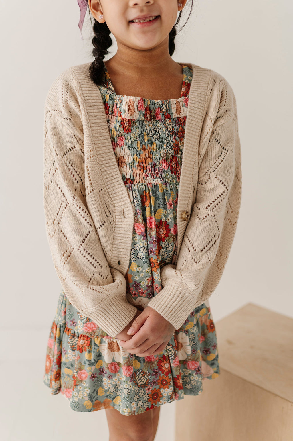 Girls Textured Sweater Cardigan in Textured Cream