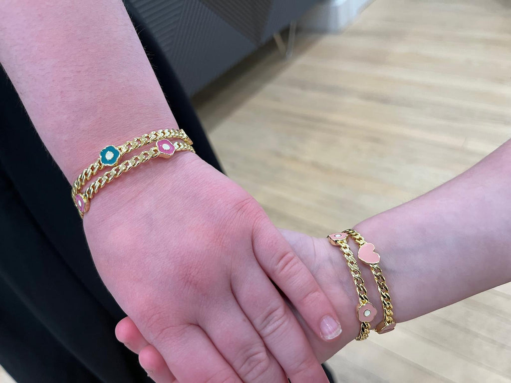 Link Bangle Accented With Enamel Flowers