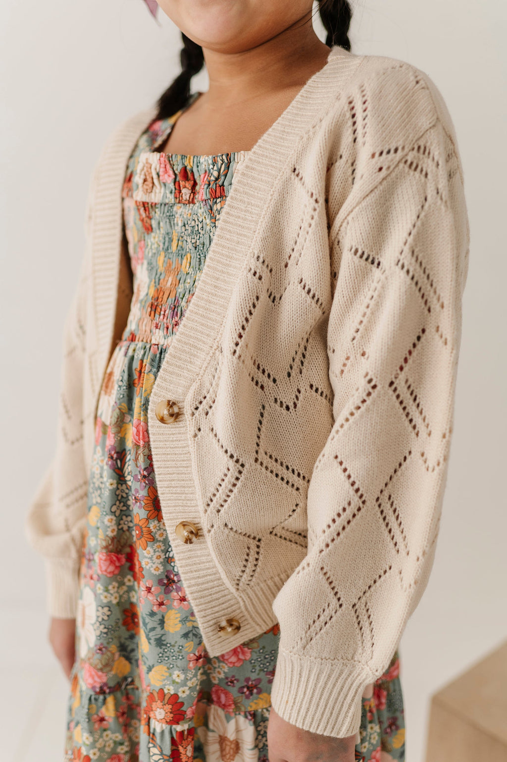 Girls Textured Sweater Cardigan in Textured Cream