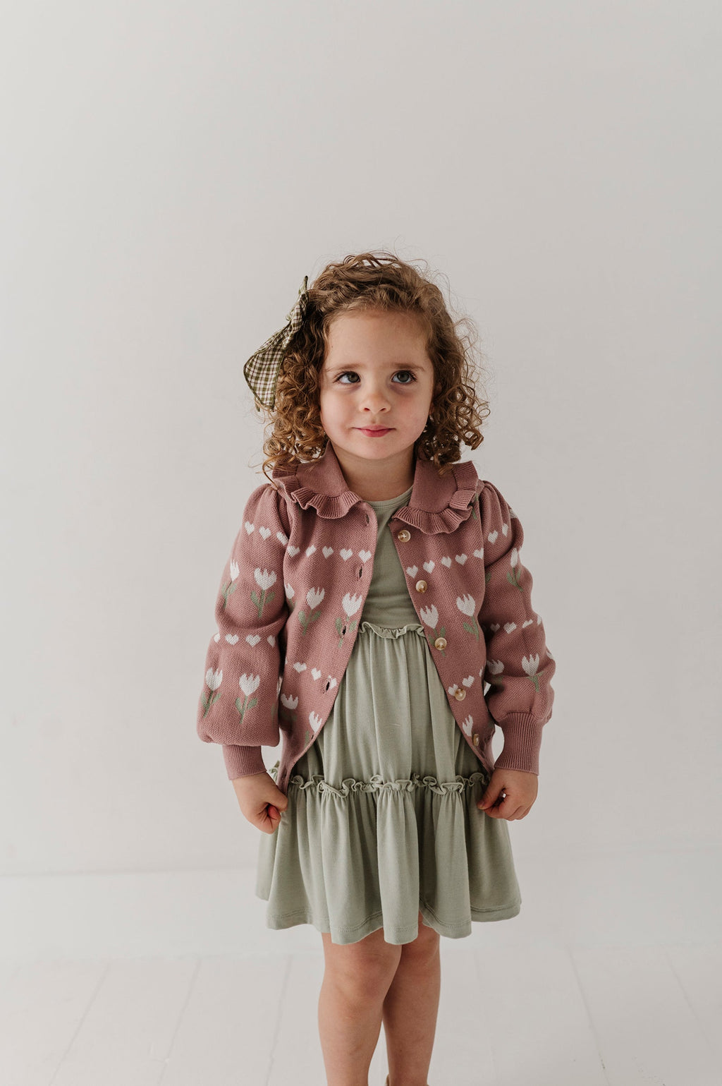 Girls Floral Knit Cardigan in Tulip Heart Intarsia