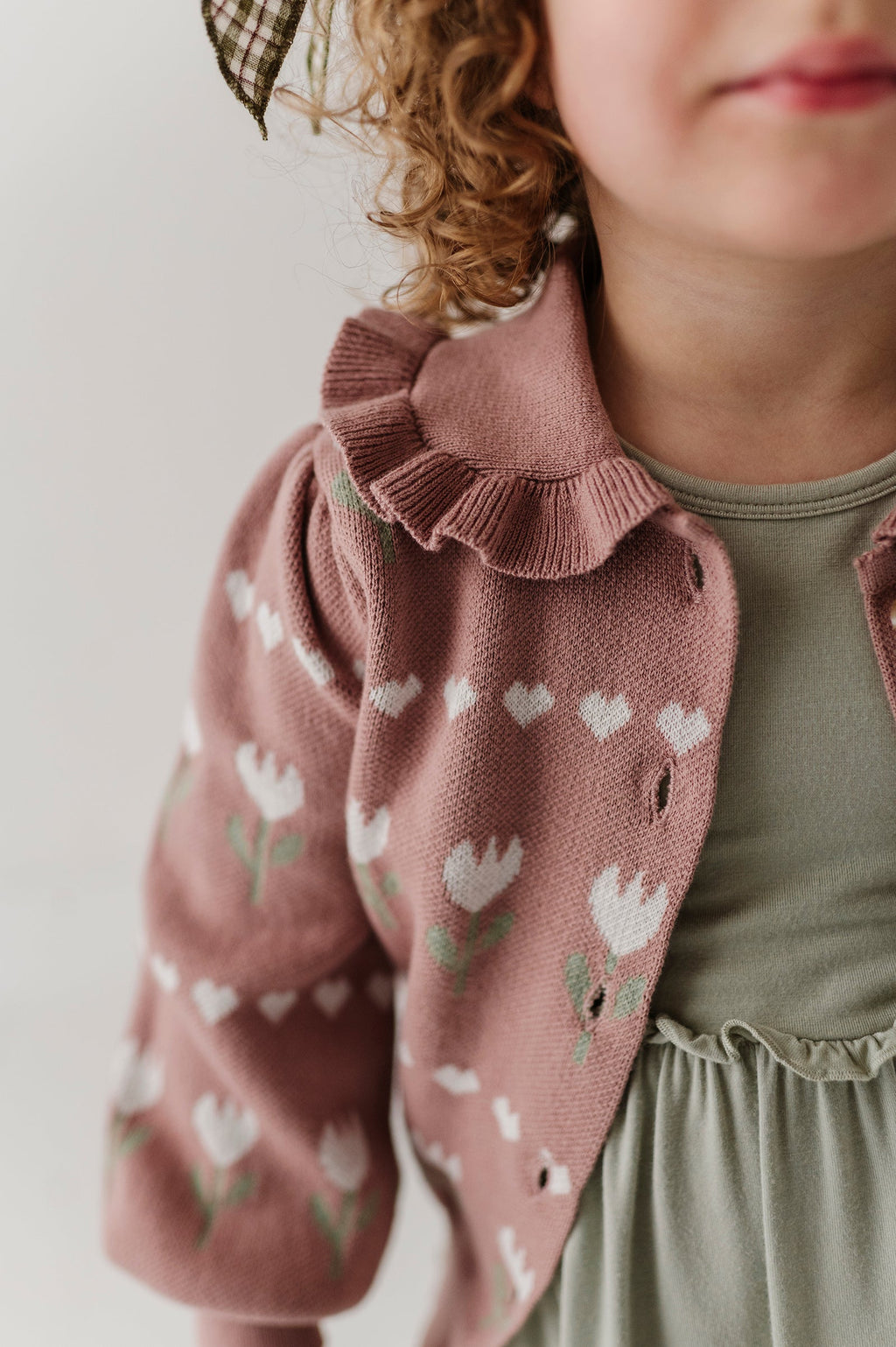 Girls Floral Knit Cardigan in Tulip Heart Intarsia