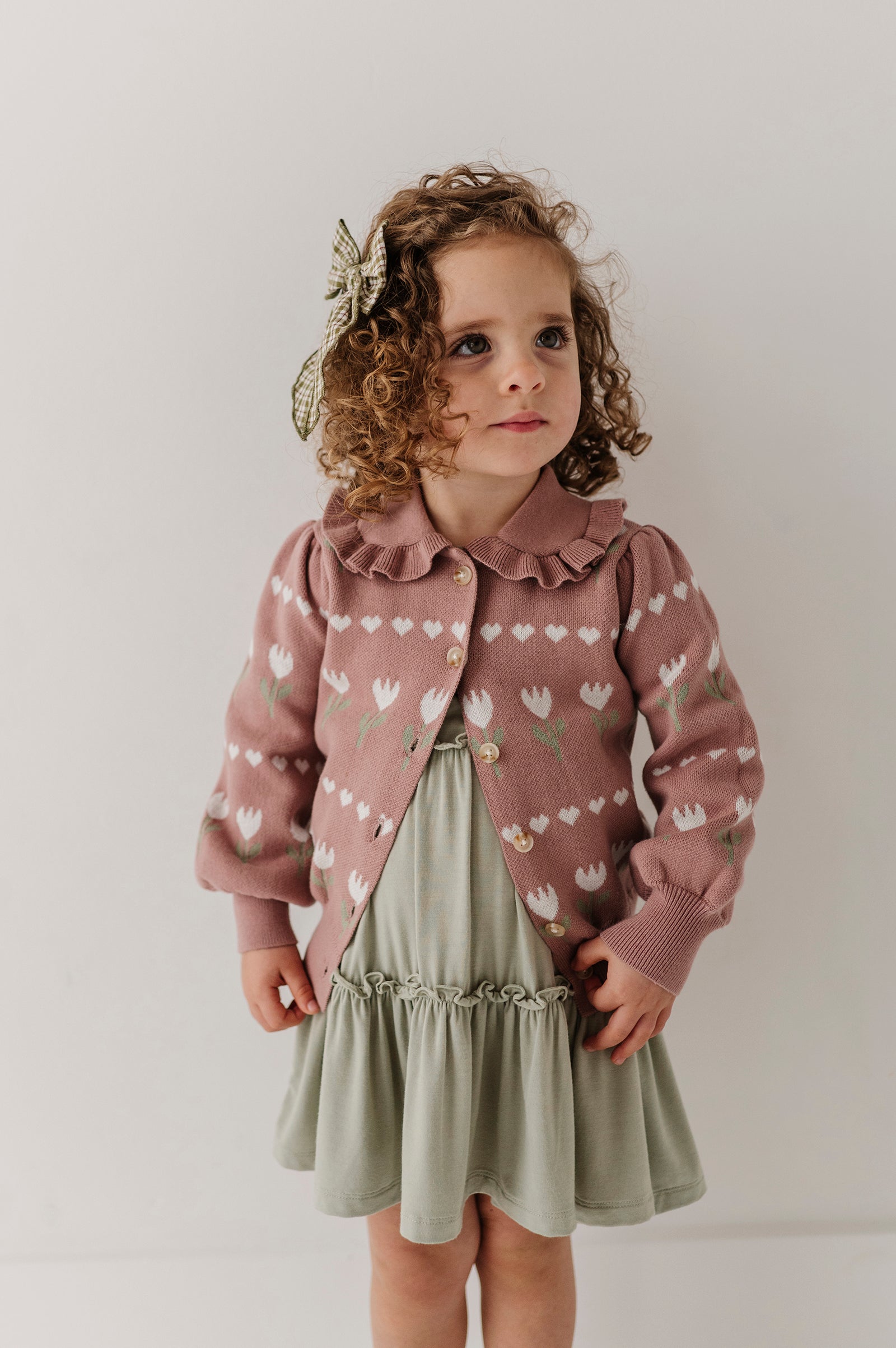 Girls Floral Knit Cardigan in Tulip Heart Intarsia