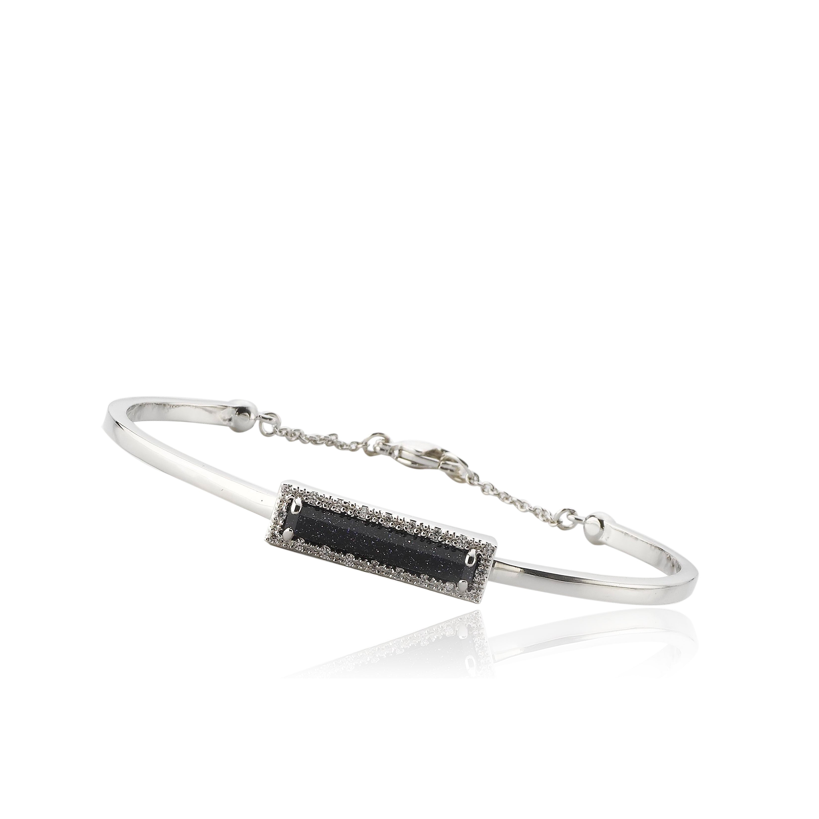 Sand Stone Rhodium Plated and CZ And Blue Stone Rectangle Bangle