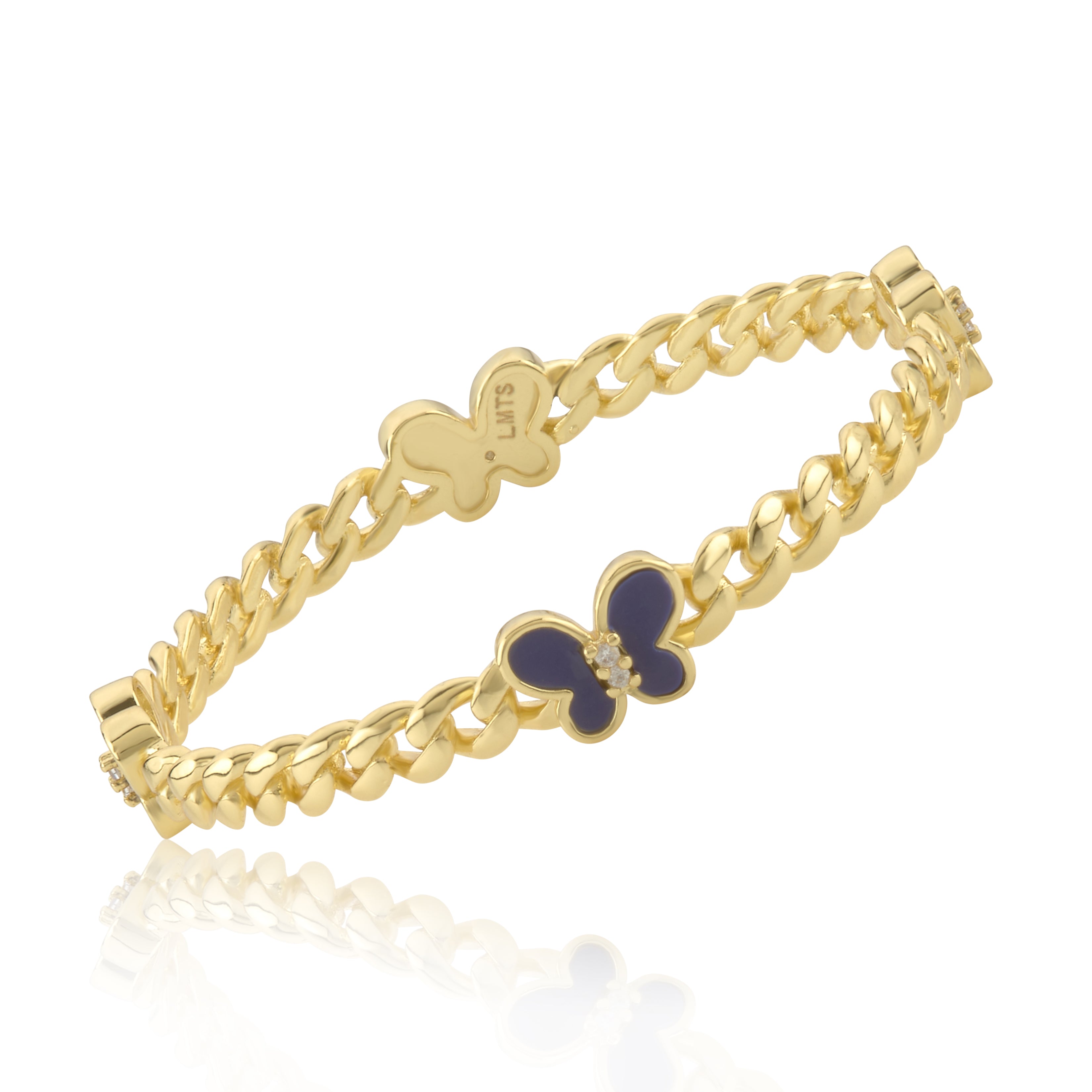 Link Bangle Accented With Cz & Mother Of Pearl Butterflies