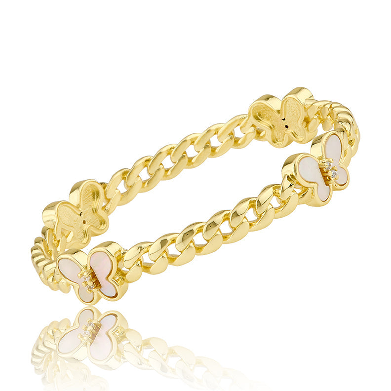 Link Bangle Accented With Cz & Mother Of Pearl Butterflies