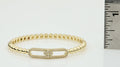 14K Gold Plated Oval Bead Clasped Bangle Accented With Cz Flower Bar Center