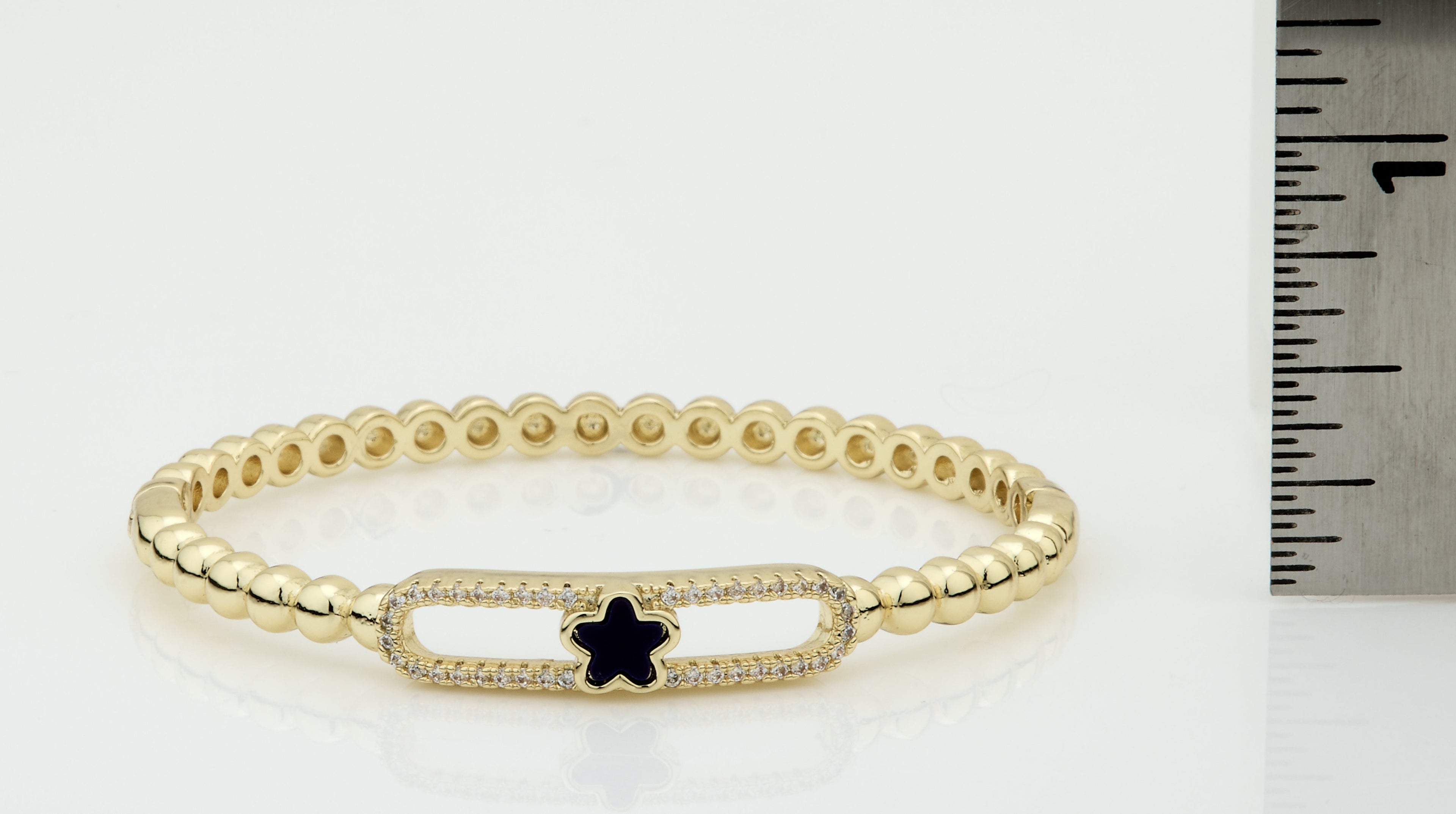 14K Gold Plated Oval Bead Clasped Bangle Accented With Cz & Mother Of Pearl Flower Bar Center