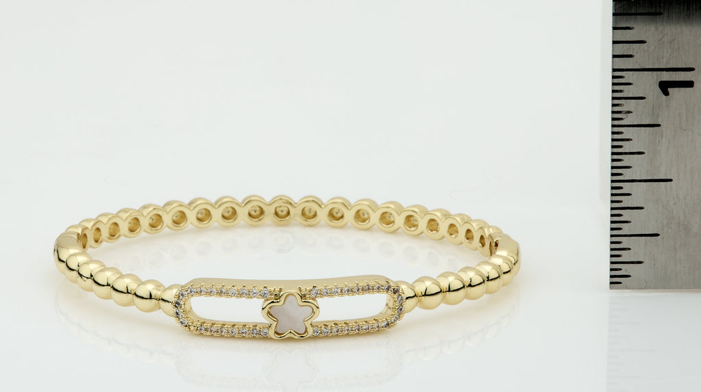 14K Gold Plated Oval Bead Clasped Bangle Accented With Cz & Mother Of Pearl Flower Bar Center