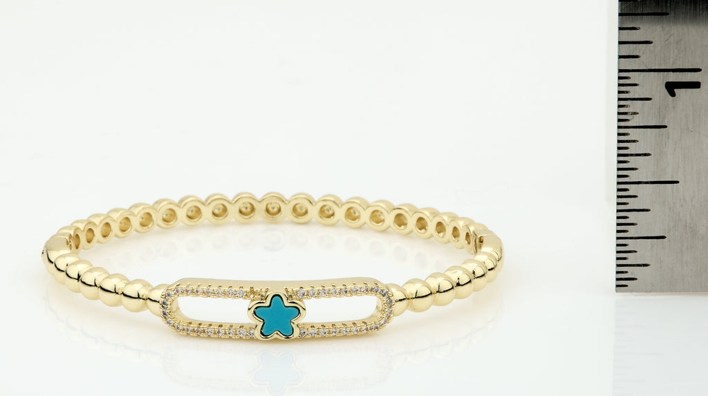 14K Gold Plated Oval Bead Clasped Bangle Accented With Cz & Mother Of Pearl Flower Bar Center
