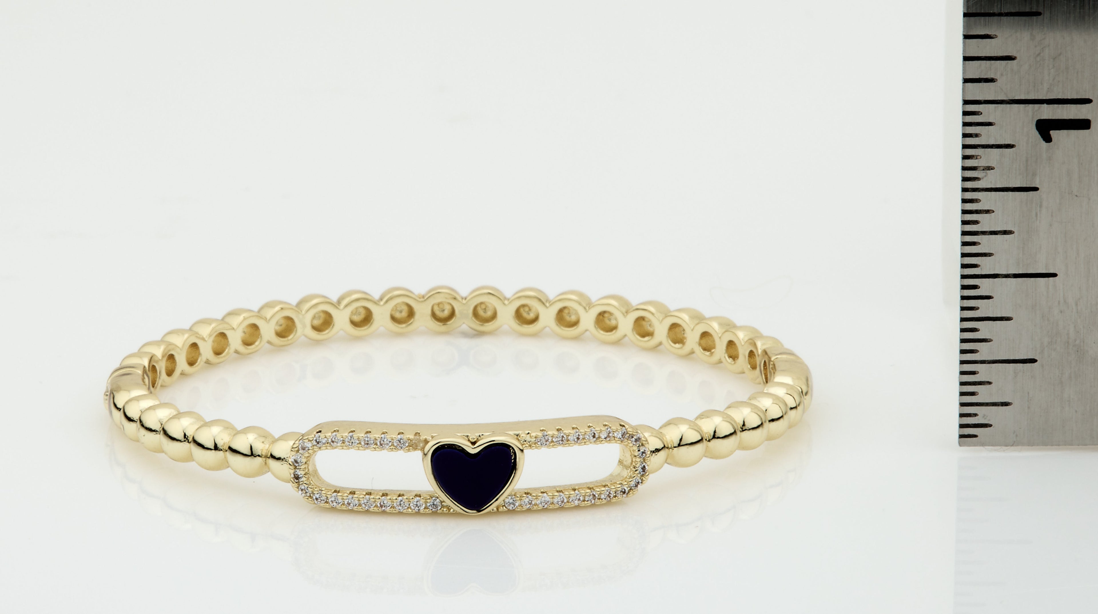 14K Gold Plated Oval Bead Clasped Bangle Accented With Cz & Mother Of Pearl Heart Bar Center