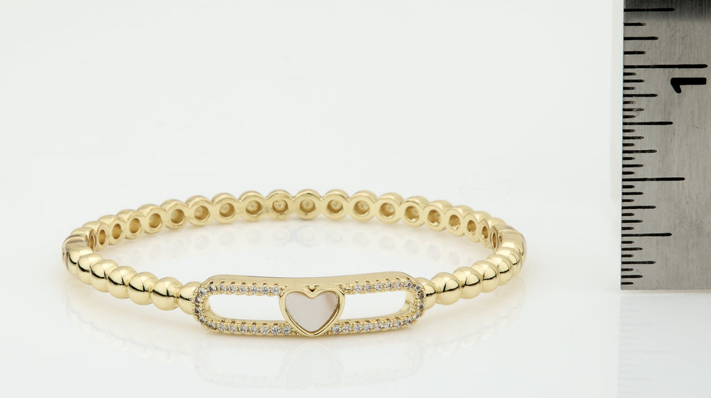 14K Gold Plated Oval Bead Clasped Bangle Accented With Cz & Mother Of Pearl Heart Bar Center