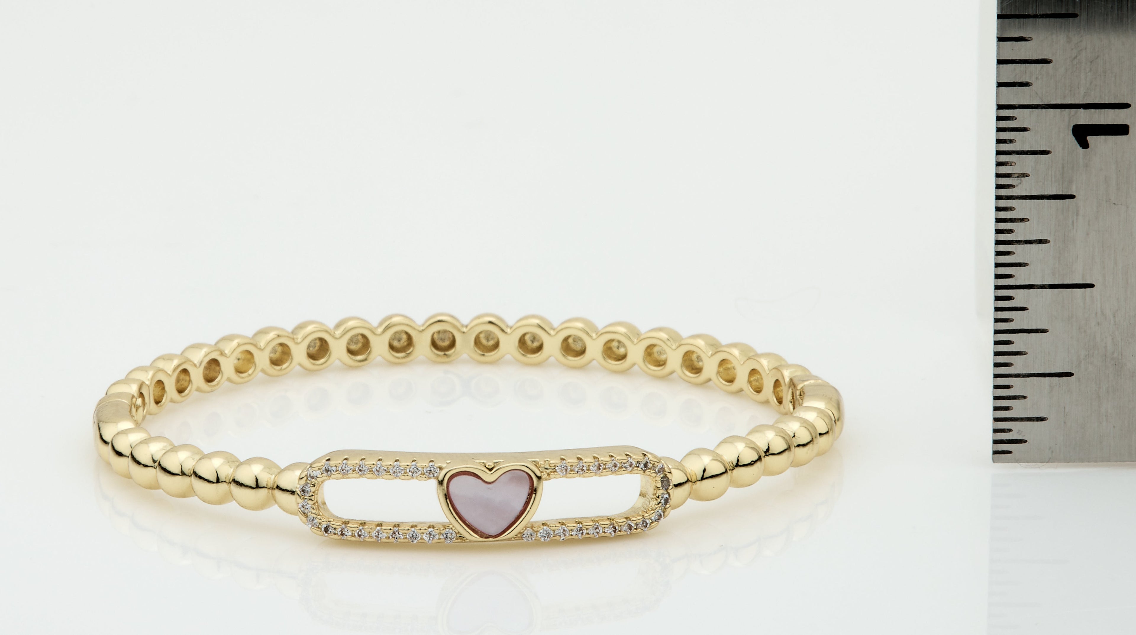 14K Gold Plated Oval Bead Clasped Bangle Accented With Cz & Mother Of Pearl Heart Bar Center