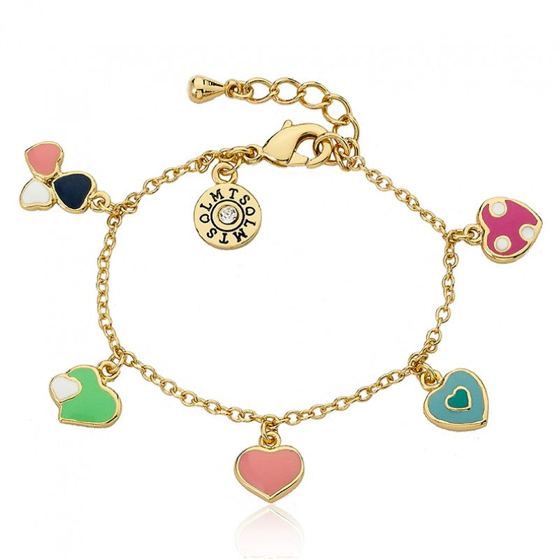 14k Gold Plated I LOVE MY JEWELS Multi Color Enamel Assorted Hearts Charm Bracelet