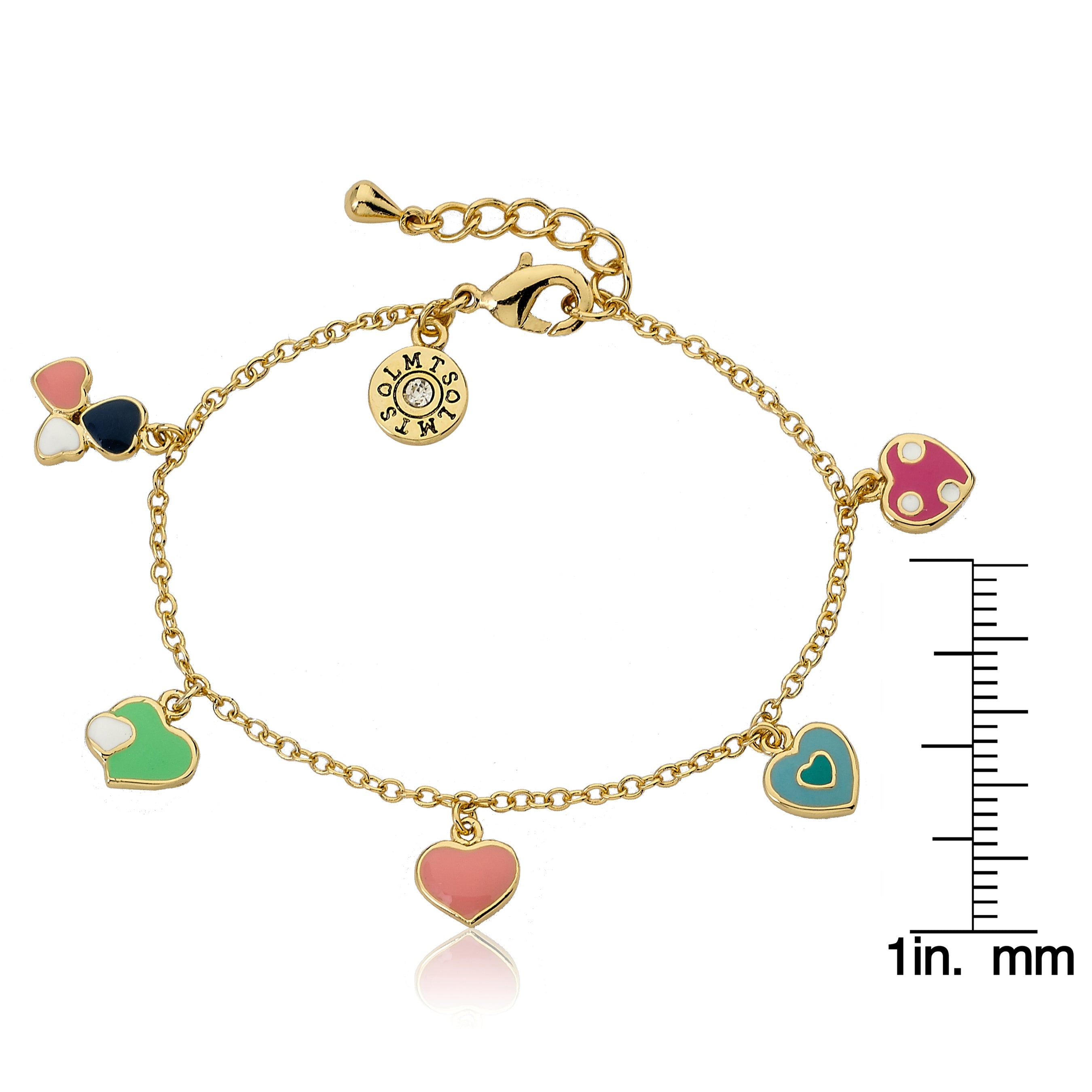 14k Gold Plated I LOVE MY JEWELS Multi Color Enamel Assorted Hearts Charm Bracelet