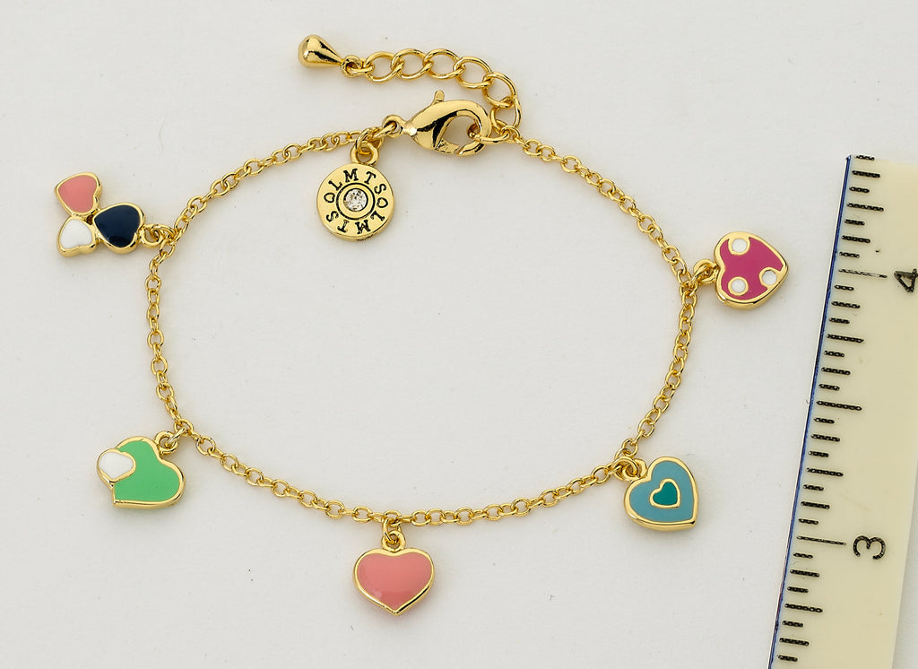 14k Gold Plated I LOVE MY JEWELS Multi Color Enamel Assorted Hearts Charm Bracelet
