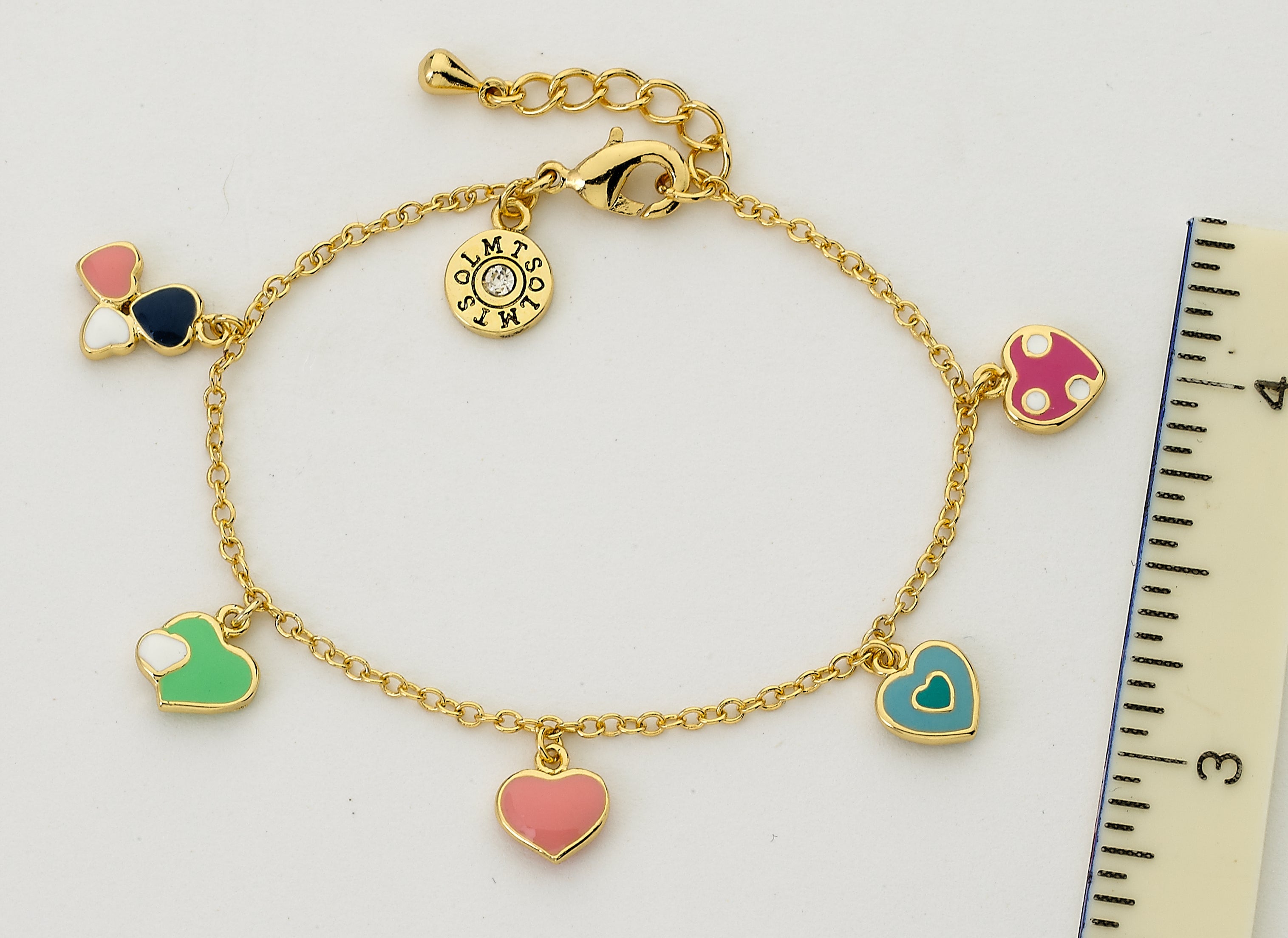 14k Gold Plated I LOVE MY JEWELS Multi Color Enamel Assorted Hearts Charm Bracelet