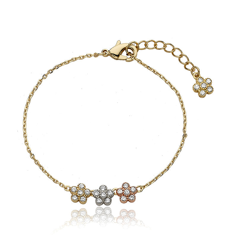 14k Gold Plated3 Tone Plated Cubic Zirconia Small Flowers Chain Bracelet