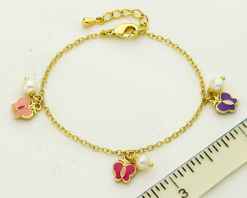 14k Gold Plated CHARMING TREATS Butterflies & Fresh Water Pearl Charm Bracelet