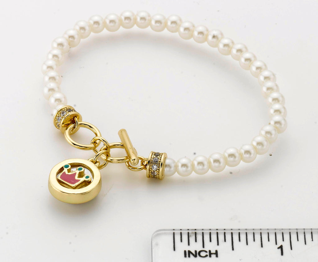 14k Gold Plated LITTLE MISS FLOWER GIRL Pearl Bracelet with Crown Charm