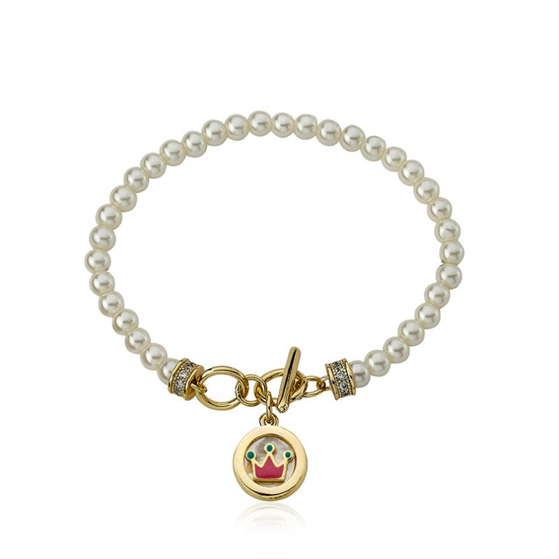 14k Gold Plated LITTLE MISS FLOWER GIRL Pearl Bracelet with Crown Charm