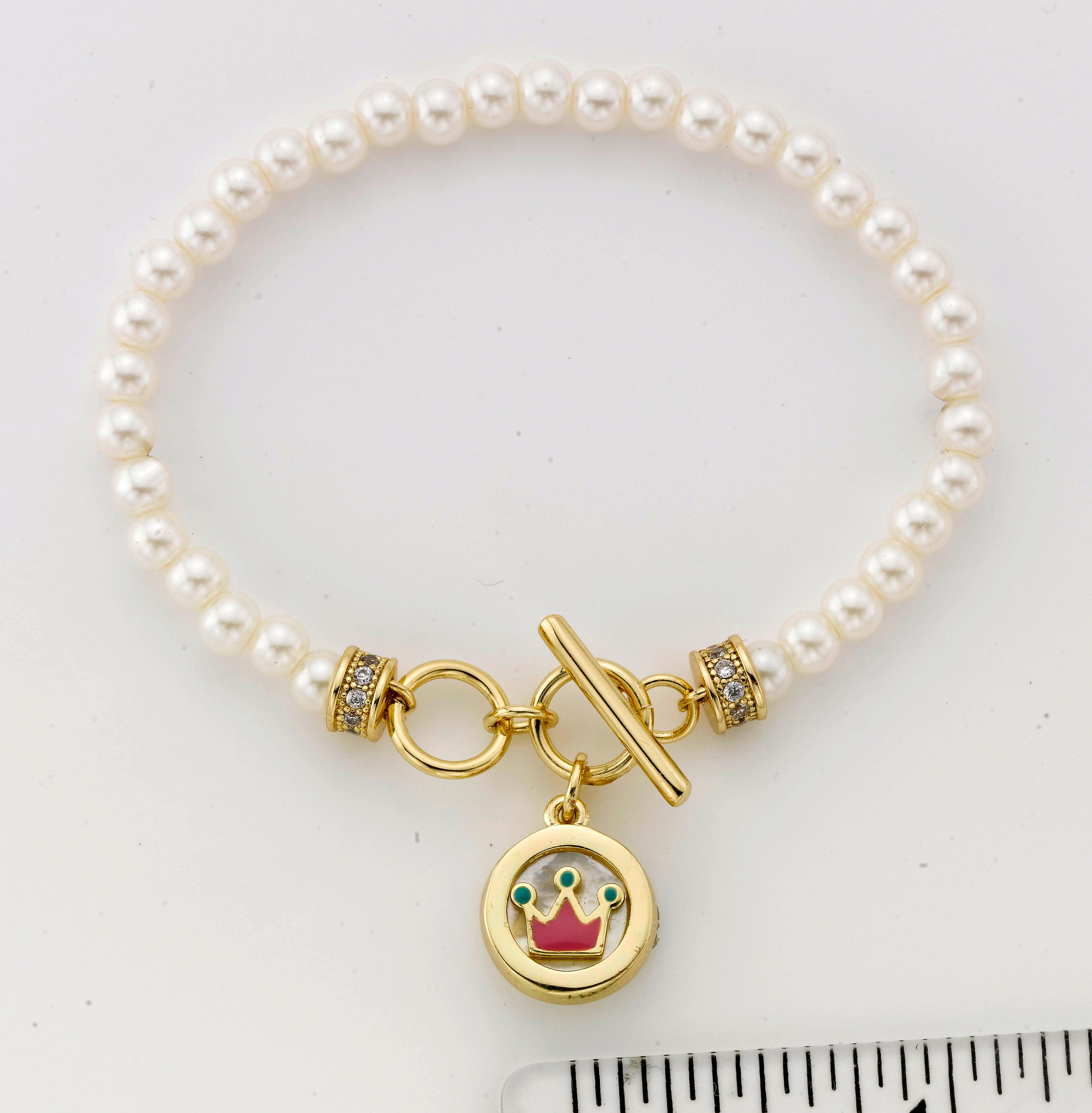 14k Gold Plated LITTLE MISS FLOWER GIRL Pearl Bracelet with Crown Charm