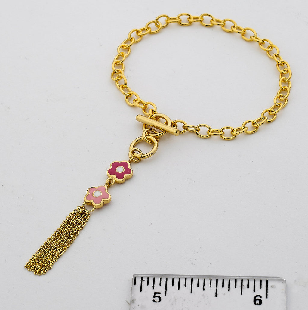 14k Gold Plated FROSTED FLOWERS Pink Tassel Bracelet