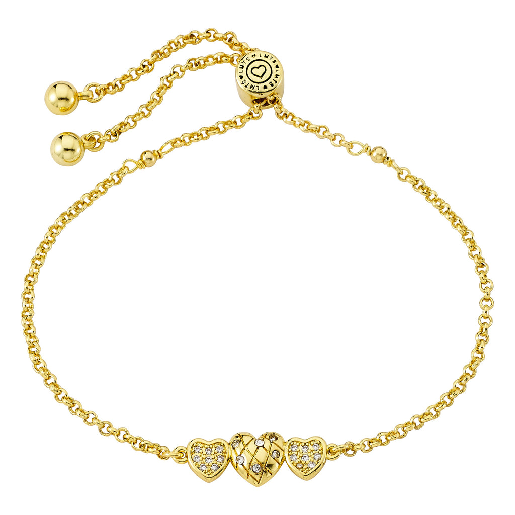14K Gold Plated Crystal Quilted & Hearts Expandable Bracelet