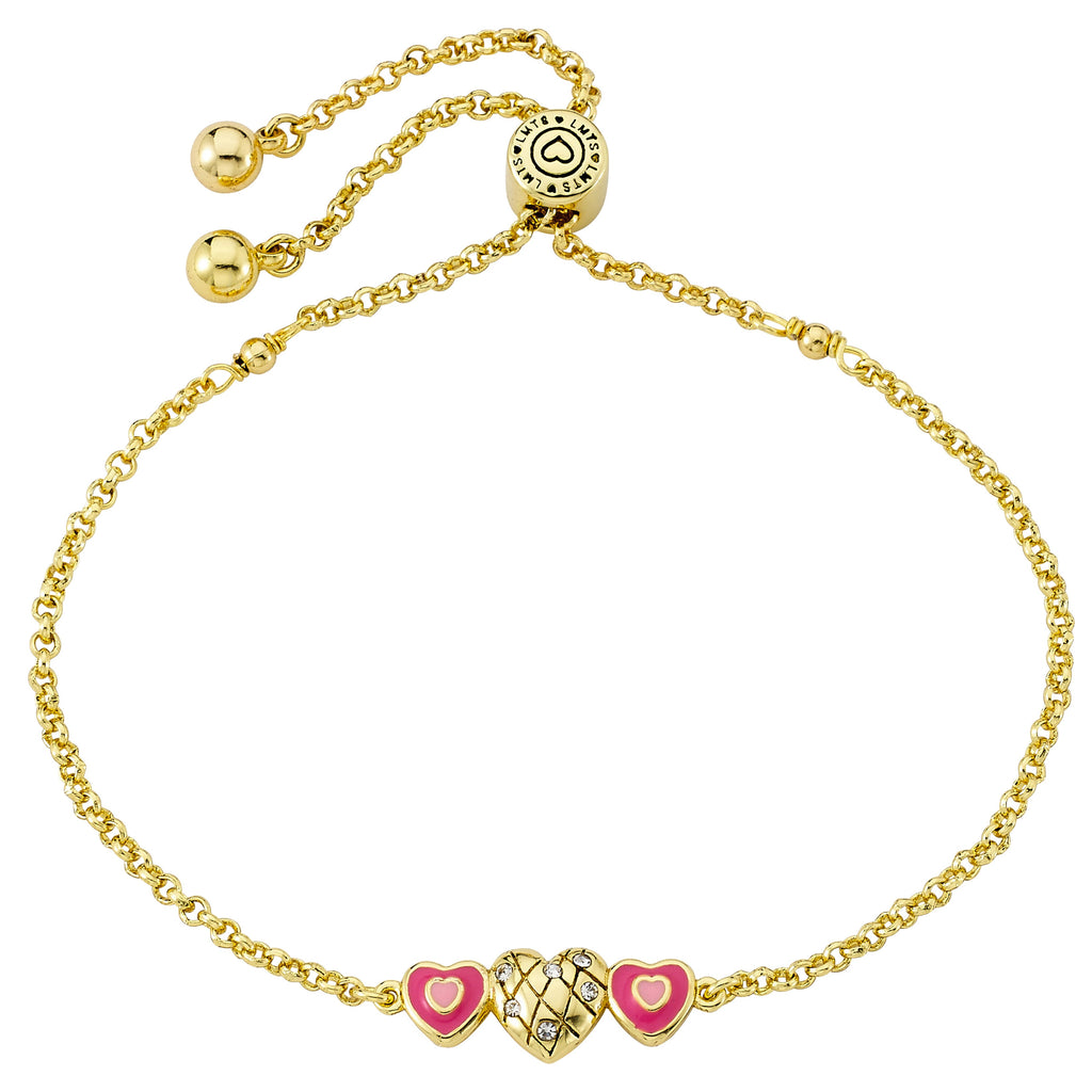 14K Gold Plated Crystal Quilted & Enamel Hearts Expandable Bracelet