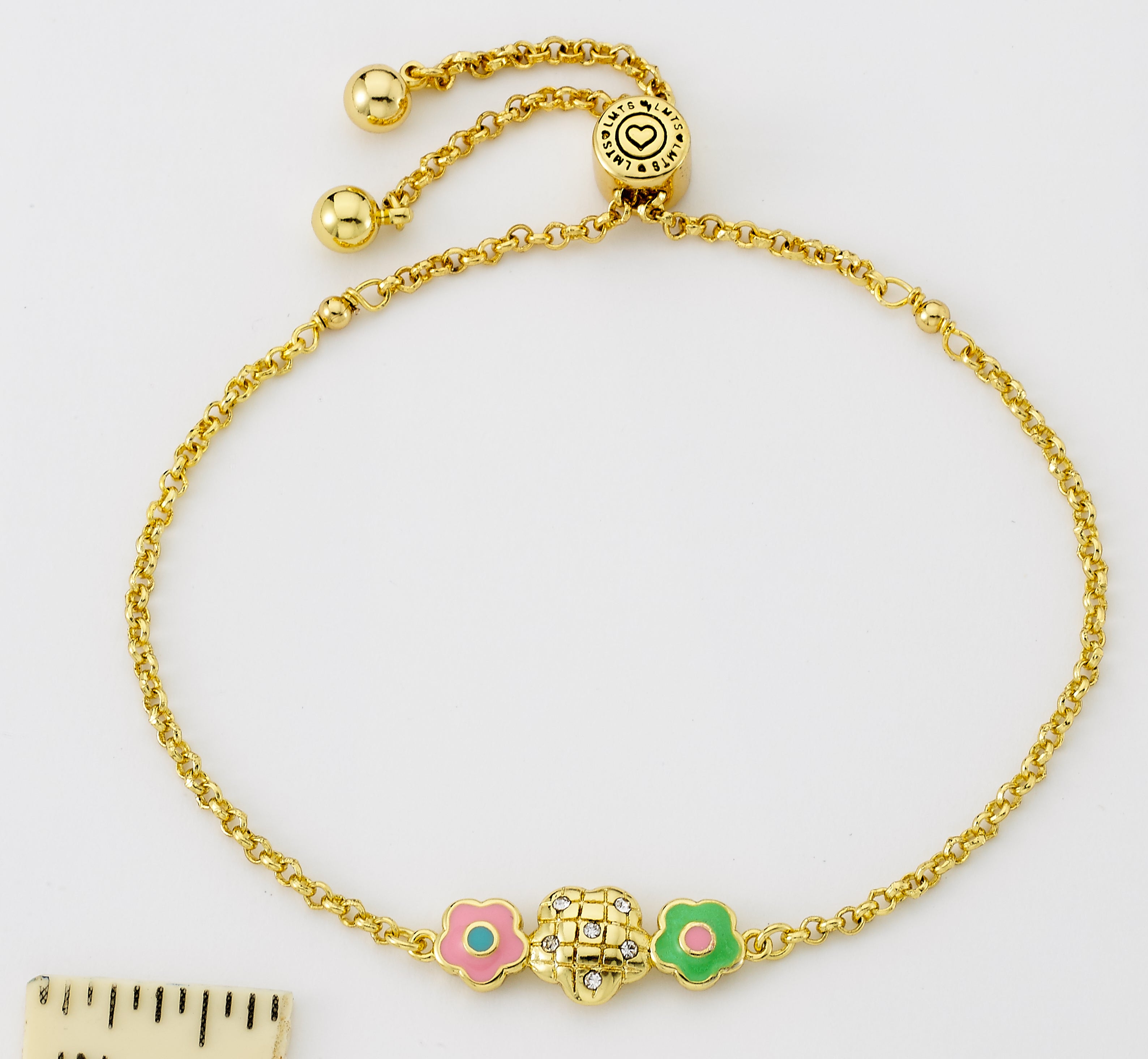 14K Gold Plated Crystal Quilted & Enamel Flowers Expandable Bracelet