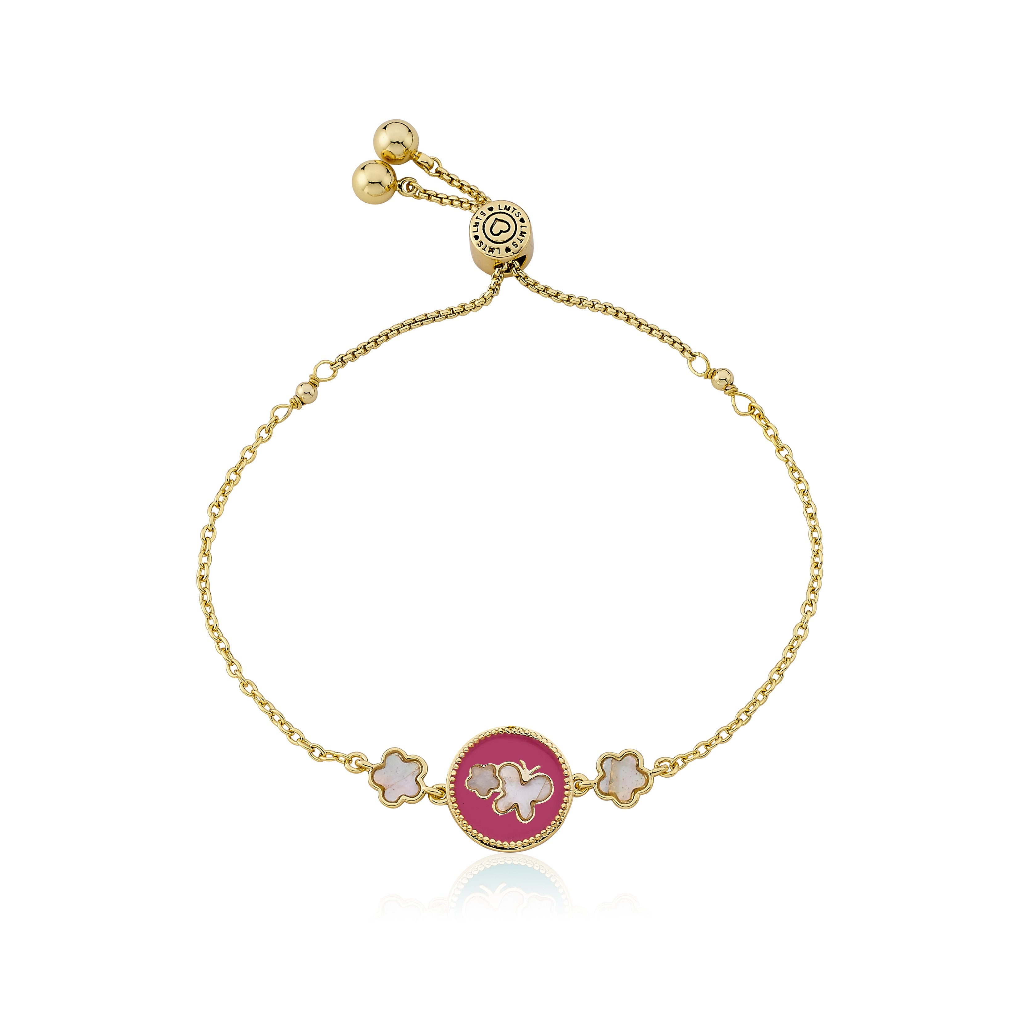 14K Gold Plated Pink Enamel Cut Out Butterfly Over Mother of Pearl Expandable Bracelet