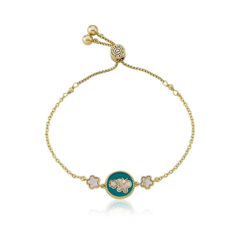 14K Gold Plated Pink Enamel Cut Out Butterfly Over Mother of Pearl Expandable Bracelet